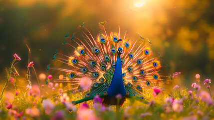Peacock displaying colorful feathers in a sunlit flower field