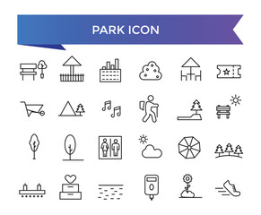 Park icon collection. Related to forest, barbecue, camp, bench, picnic and playground icons. Park leisure and outdoor activity symbols icon collection.  Park leisure and outdoor activity symbols set.