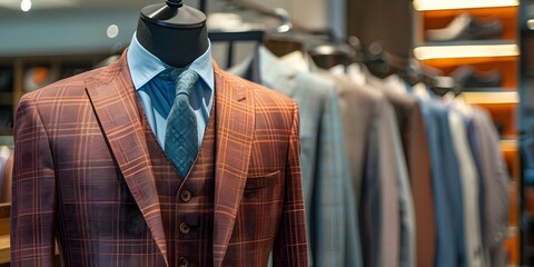 Mannequins showcase stylish tailored menswear in boutique featuring dapper suit collection. Concept Men's Fashion, Tailored Suits, Menswear Boutique, Mannequins Display, Stylish Collection