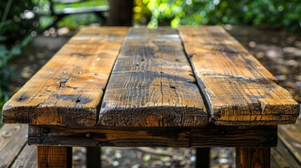 Fototapeta premium Empty wooden table with garden bokeh background 