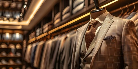 Obraz premium Men's bespoke suits showcased on mannequins in a boutique showroom. Concept Men's Fashion, Bespoke Suits, Boutique Showroom, Mannequins, Tailored Clothing