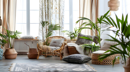 Rustic home design with ethnic decoration Bed with pillows wooden furniture plants in pots armchair and curtains on large windows in cozy bedroom interior nobody flat lay panorama free : Generative AI