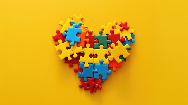Colorful puzzle pieces forming a heart shape on yellow background. Autistic Pride Day
