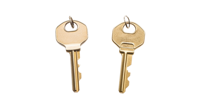 Two house keys cut out isolated on transparent background. - Powered by Adobe
