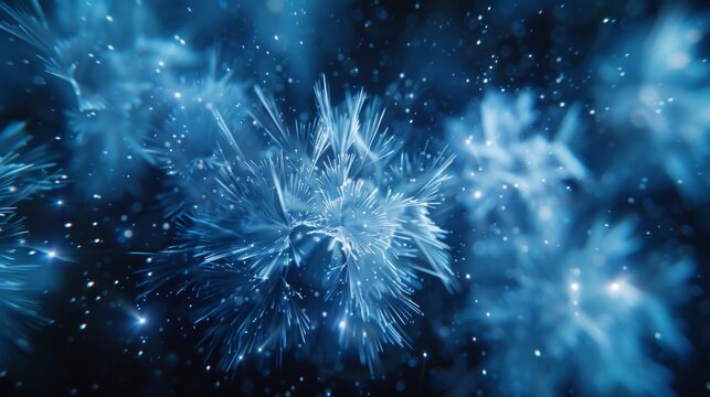 A blue and white image of snowflakes with a blue background