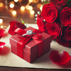 Wedding rings in red box on wooden table on red flower. Diamond ring in jewelry gift box on red. Elegant box with gold wedding rings inside on wooden table, bouquet of white and red roses. 