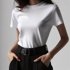 A woman wearing a white t shirt mockup image realistic attractive lively  .