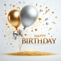 Happy birthday template. It's a boy. Birthday greeting card with 3D cute cake and candle.  Happy birthday to you text with balloon and confetti. GENERATIVE AI