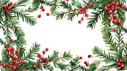 Christmas holly frame with red berries and green leaves on a white background.