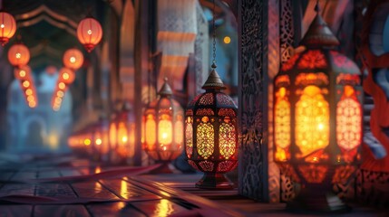 Colorful lanterns lining an atmospheric alley.