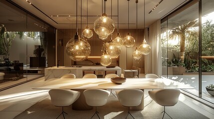 A modern dining area, characterized by a sleek and minimalistic design. The space is illuminated by a creative light fixture composed of multiple glass orbs. Generative AI.
