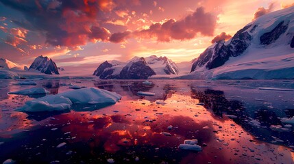 Breathtaking Arctic Sunset Over Ice-Covered Ocean. Tranquil Natural Scenery for Relaxation. Stunning Nature Photography for Decor. AI