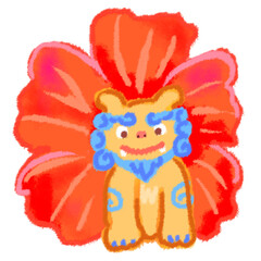 ハイビスカスの前に立つシーサー