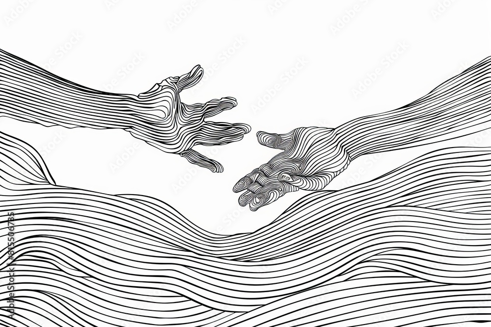 Wall mural continuous line art helping hands symbol gesture of support and hope black and white vector illustra