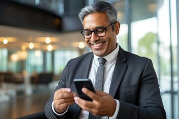 Smiling Businessman Using Smartphone in Modern Office