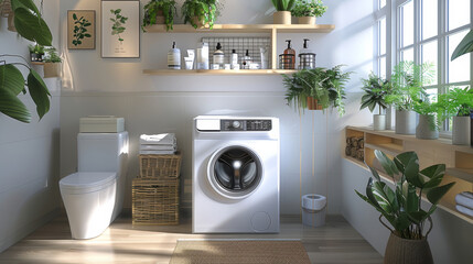 A modern and minimalist style washing machine with light-colored walls, windows, and plants on shelves. Bathroom boxes are next to it, with paper towel and toilet seats bags inside. Generative AI.