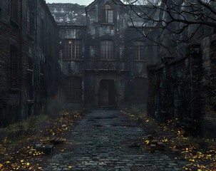 Halloween concept of haunted village dark and foggy scary atmosphere 3d rendering High quality photo