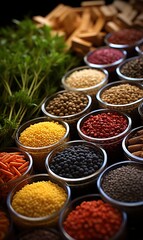 ingredients for pet food holistic top view on wooden background