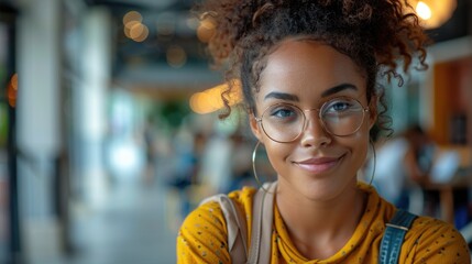 Fototapeta premium Young woman wearing yellow dotted shirt and round glasses.