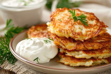 Golden potato pancakes with sour cream on rustic plate.