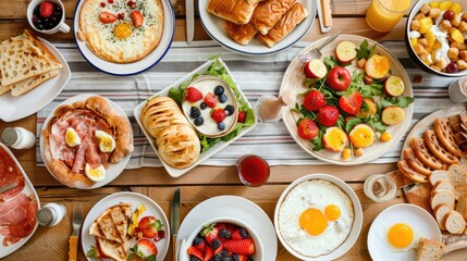 Assorted Breakfast Foods on a Rustic Wooden Table