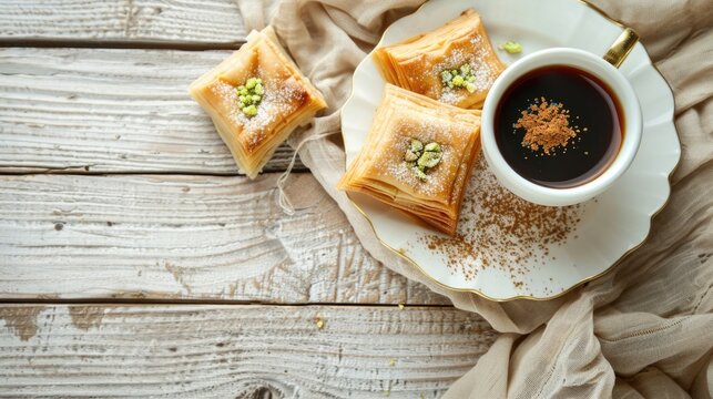 Sweet Honey Pastries with Powdered Sugar and Fresh Coffee