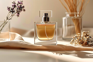 ock up of minimal elegant perfume bottle. Stylish parfumerie banner