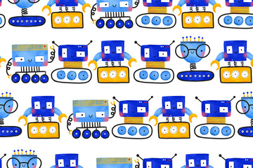 Seamless background with blue and yellow electronic robots. Cartoon cyborgs and machinery characters. Isolated toy characters. Endless pattern