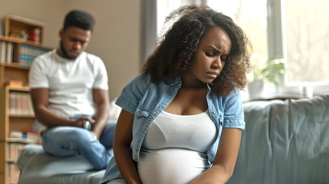 Pregnant woman feeling discomfort with man in background. Domestic setting, emotional stress. Life's challenges captured in a candid moment. AI