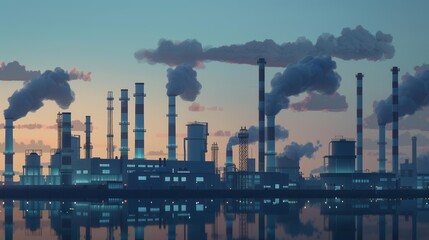 Industrial landscape emitting carbon dioxide with smokestacks against a twilight sky