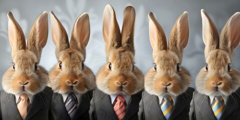 Fototapeta premium Dapper Bunnies in Suits with Colorful Ties on Elegant Background. Concept Elegant Bunnies, Dapper Suits, Colorful Ties, Stylish Background, Cute Animals