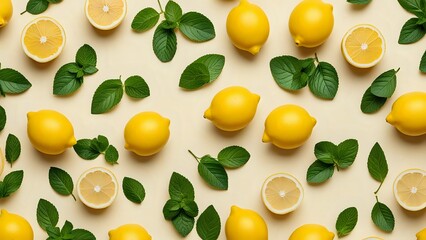 A close up of a lemon and mint leaf. The lemon is cut in half and the mint leaves are scattered around it