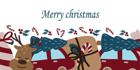 Merry Christmas greeting web banner. Modern Xmas art doodle design with typography, beautiful Christmas car, deer head and candy pattern. Minimal card, flyer, layout, poster, cover.