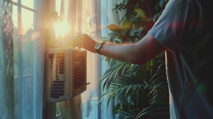 A person is servicing a window AC unit as sunlight streams through the foliage outside.