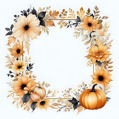 A frame of flowers and a pumpkin with a stem. The frame is gold and white. The flowers are yellow and black
