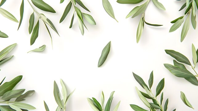 Fresh green olive branches scattered on a white background. Natural layout for eco designs. Serene plant pattern. AI