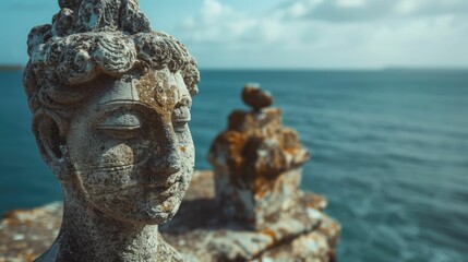 A sculpture of a woman on a rock, gazing out over the vast ocean in a serene natural landscape,...