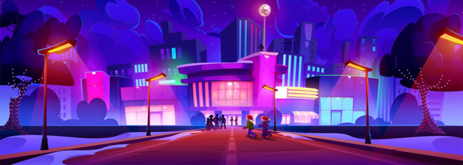 Night city landscape with neon glow effect. Cartoon vector illustration of road leading to large illuminated mall. Two kids in Santa hats running to store. People near bright luminous building.