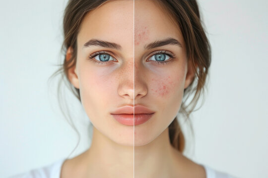 Comparison of a woman face skin before and after treatment