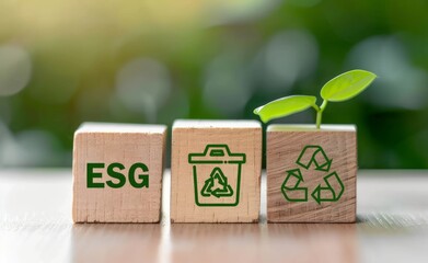 Three wooden blocks with green ESG icons on it