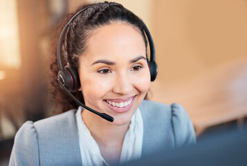 Call center, customer service and woman on computer in office for online advice, business and help....