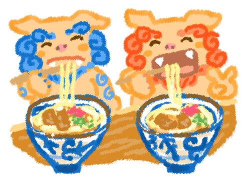 美味しいソーキそばを食べる二匹のシーサー