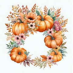 A wreath of flowers and pumpkins with a yellow background