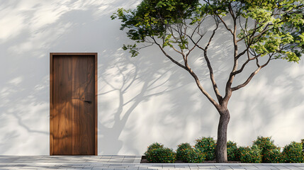 modern house facade and entrance natural wood door with green foliage