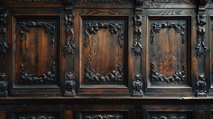 An antique wooden wall with carved panels and a deep, dark stain