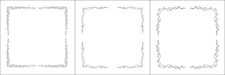 Set of three vector frames. Elegant black and white monochrome ornamental corners for greeting cards, banners, invitations. Vector frame for all sizes and formats. Isolated vector illustration.