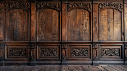Obraz premium An antique wooden wall with carved panels and a deep, dark stain