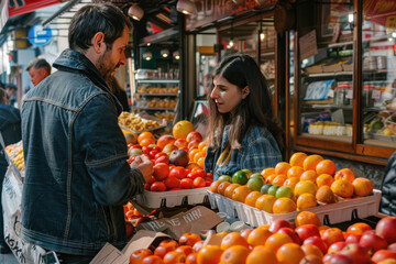 Obraz premium Young couple purchasing fruits at market
