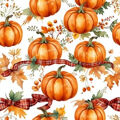 A watercolor painting of a pumpkin with leaves surrounding it. The pumpkin is orange and has a green stem