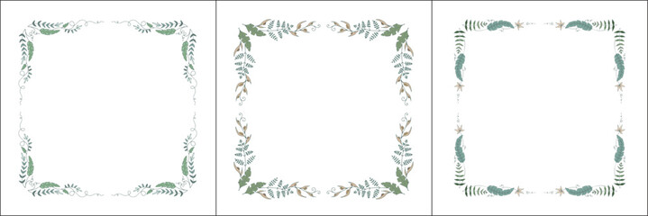 Set of three vegetal vector frames with tropical leaves. Vector frame for all sizes and formats. Isolated vector illustration.